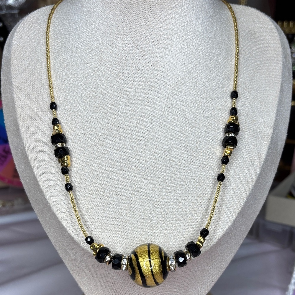 Gorgeous Murano Beaded Necklace in Black and Gold 16” Version 1